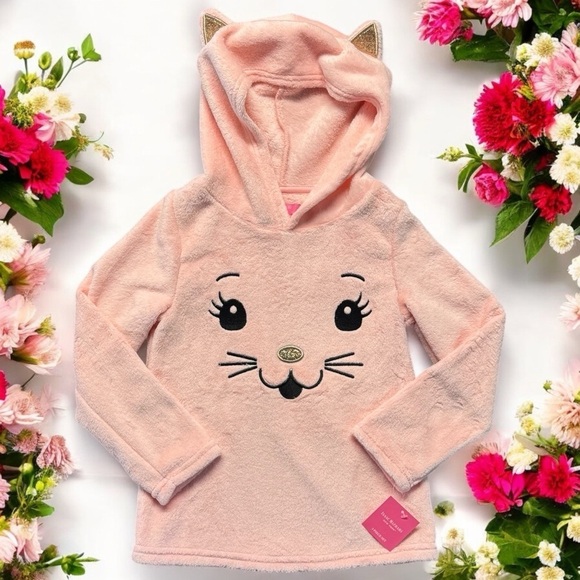 NEW Isaac Mizrahi Pink and Gold Sparkle Kitty Kat Hooded Sweatshirt Size 5/6 - Picture 1 of 7